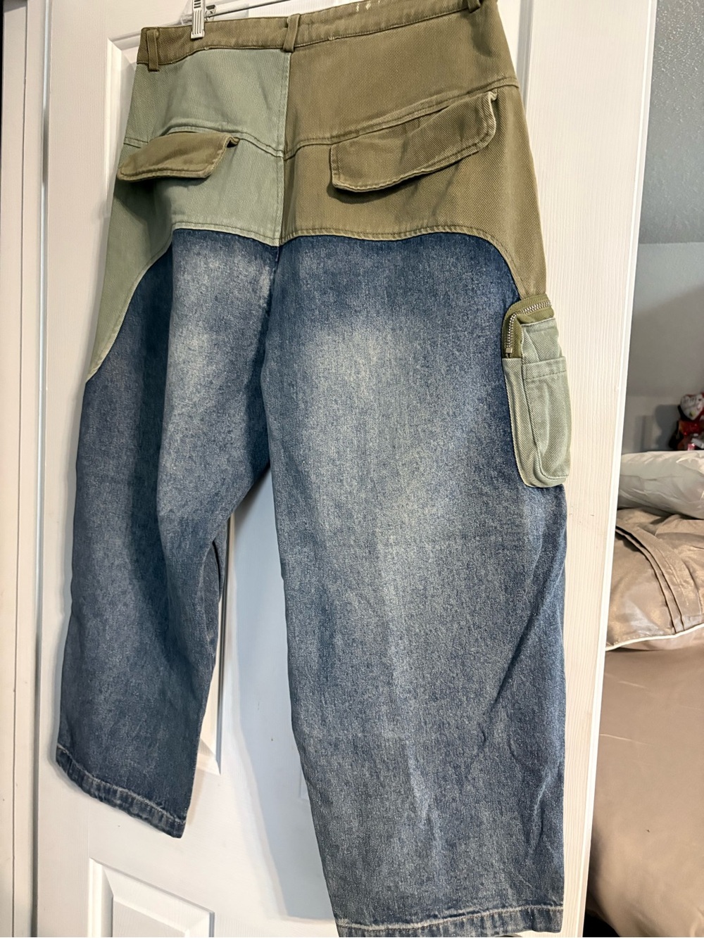 Two-Tone Utility Denim Cargo Pants — Olive & Denim Blue